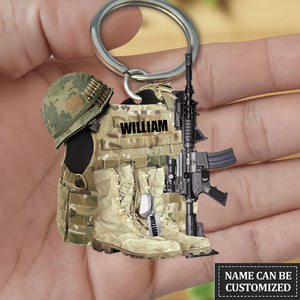 Veteran Boots, Bulletproof Vest, Helmet And Gun - Personalized Flat Acrylic Keychain
