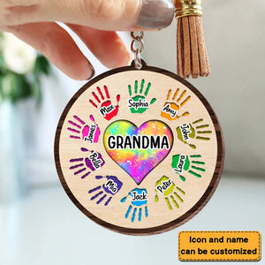 Grandma Heart Colorful Hands Wood Keychain