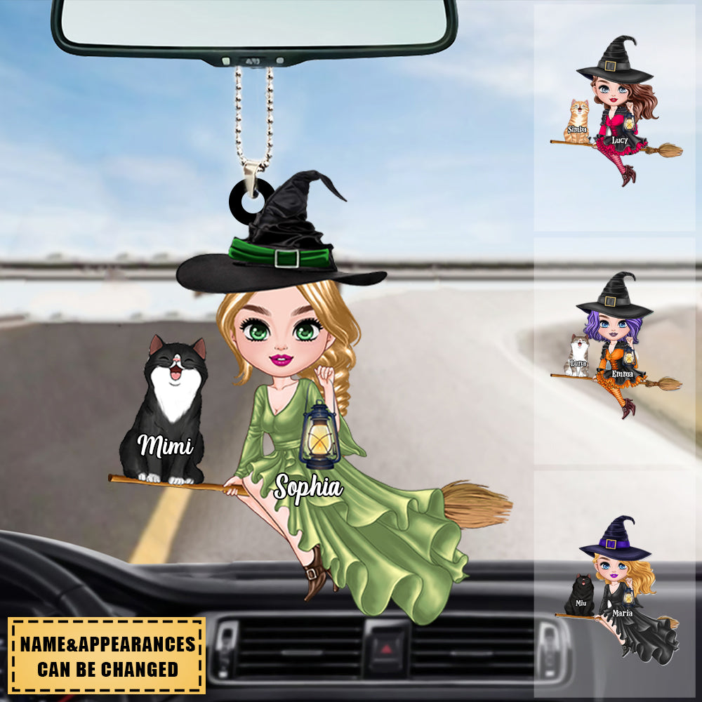 Witch Riding Broom Mystical Girl With Cute Cat Kitten Pet Personalized Car Ornament