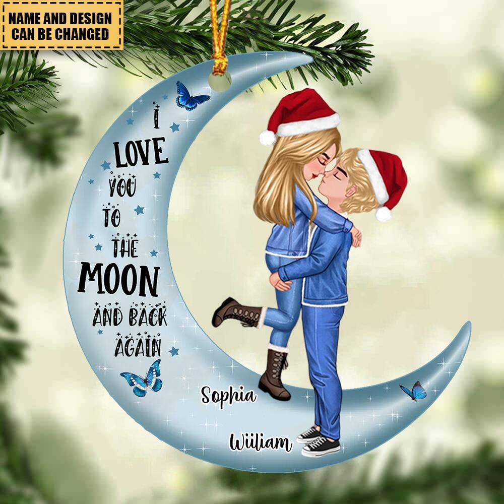 Doll Couple Hugging On Moon Christmas Gift Personalized Acrylic Ornament
