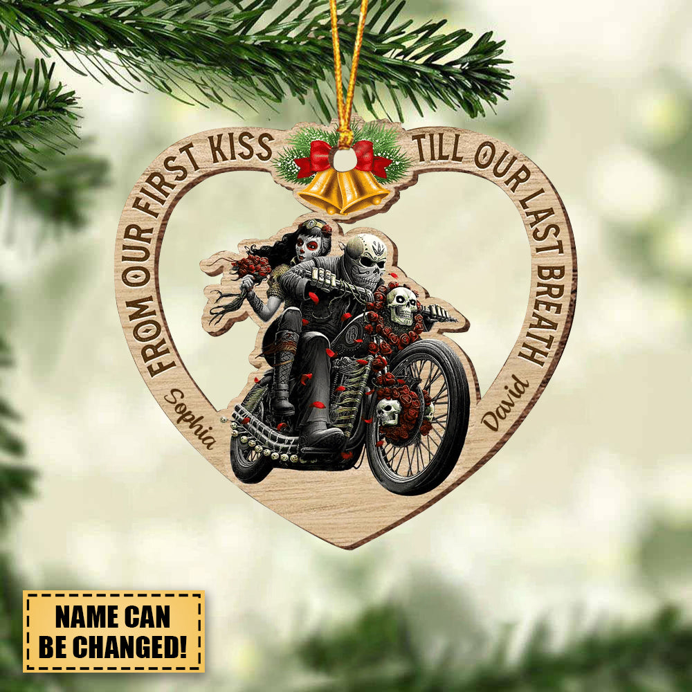 Skull Biker Wooden Couple Ornament, From Our First Kiss Christmas Ornament