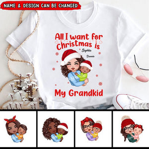 Christmas Doll Grandma Hugging Kid All I Want For Christmas Is My Grandkids Personalized Shirt