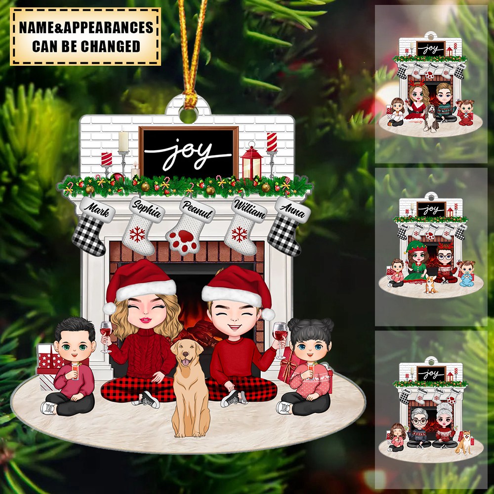 Cute Family Dad Mom Kids Dogs Sitting At Christmas Fireplace Personalized Acrylic Ornament