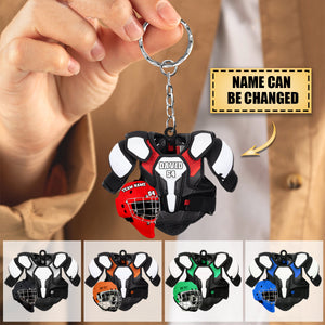 Personalized Hockey Helmet and Shoulder Pads Flat Acrylic Keychain - Gift for Hockey Players
