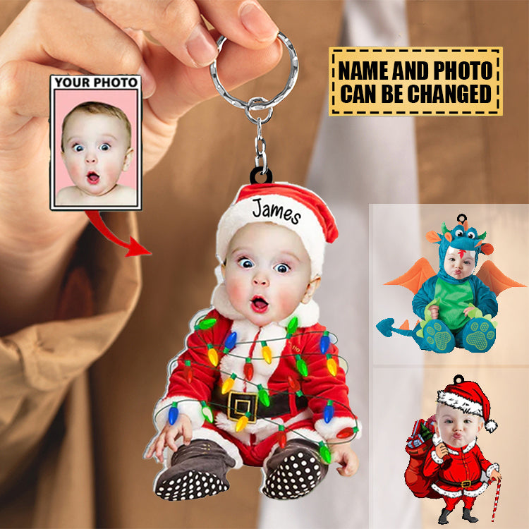 Personalized Cute Baby Car Photo With Name for Merry Christmas Keychain