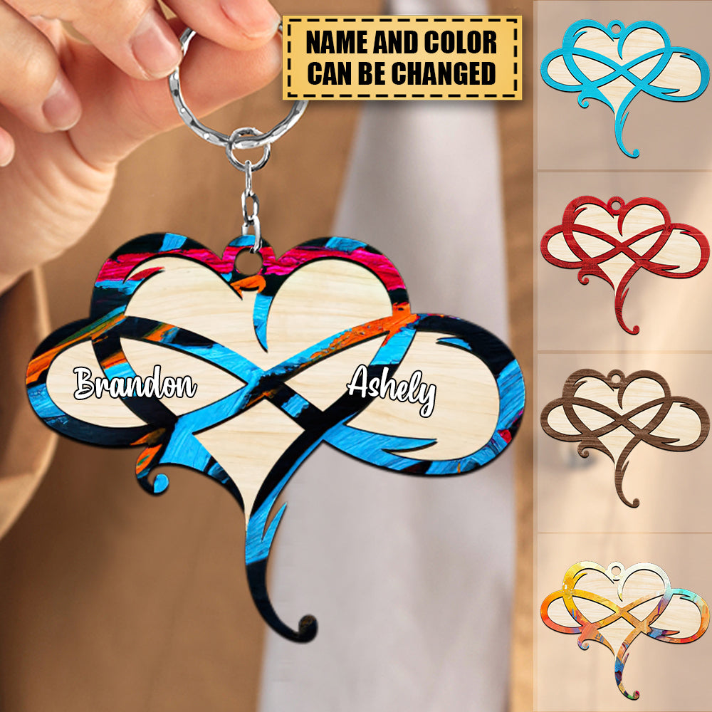 Personalized Infinity Heart Couple Gift Custom Name&Color Wooden Keychain