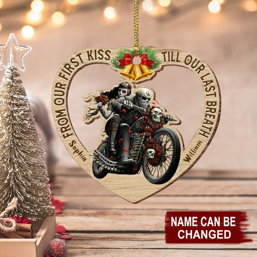 Skull Biker Wooden Couple Ornament, From Our First Kiss Christmas Ornament