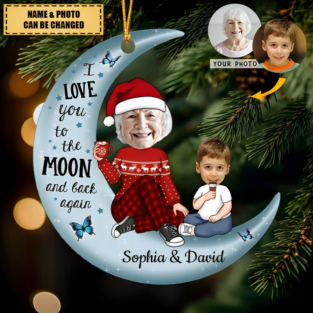 I love you to the Moon and back again Funny Upload Photo Grandma Grandkids Personalized Ornament