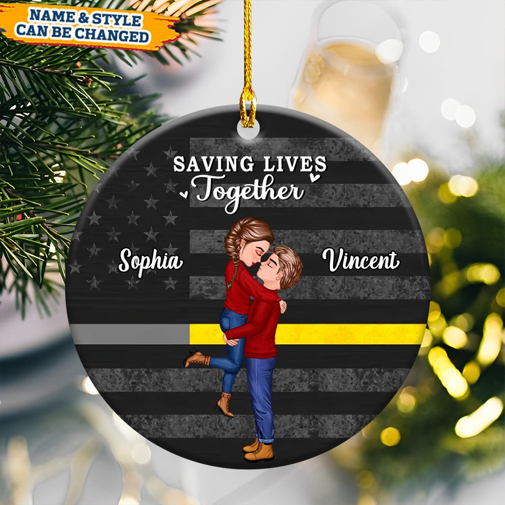 Saving Lives Together Firefighter/EMS/Nurse/Police Officer/Military- Personalized Ornament, Gift For Couple, Best Friends