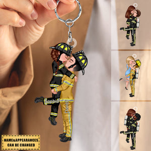 Personalized Keychain, Couple Portrait Firefighter Gifts by Occupation