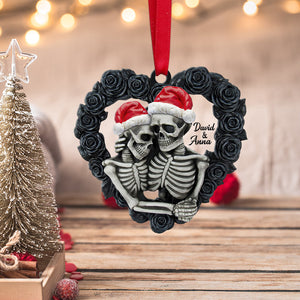 Black Rose Heart Shape - Personalized Skeleton Couple Flat Ornament, Christmas Tree Decor