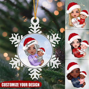 Doll Grandma Mom Hugging Grandkid Personalized Snowflake Shaped Acrylic Ornament