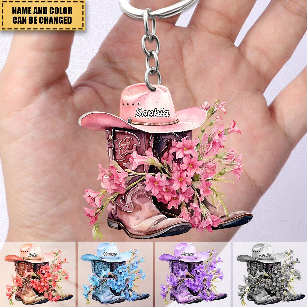 Personalized Boots And Hat Flower Cowboy Acrylic Keychain