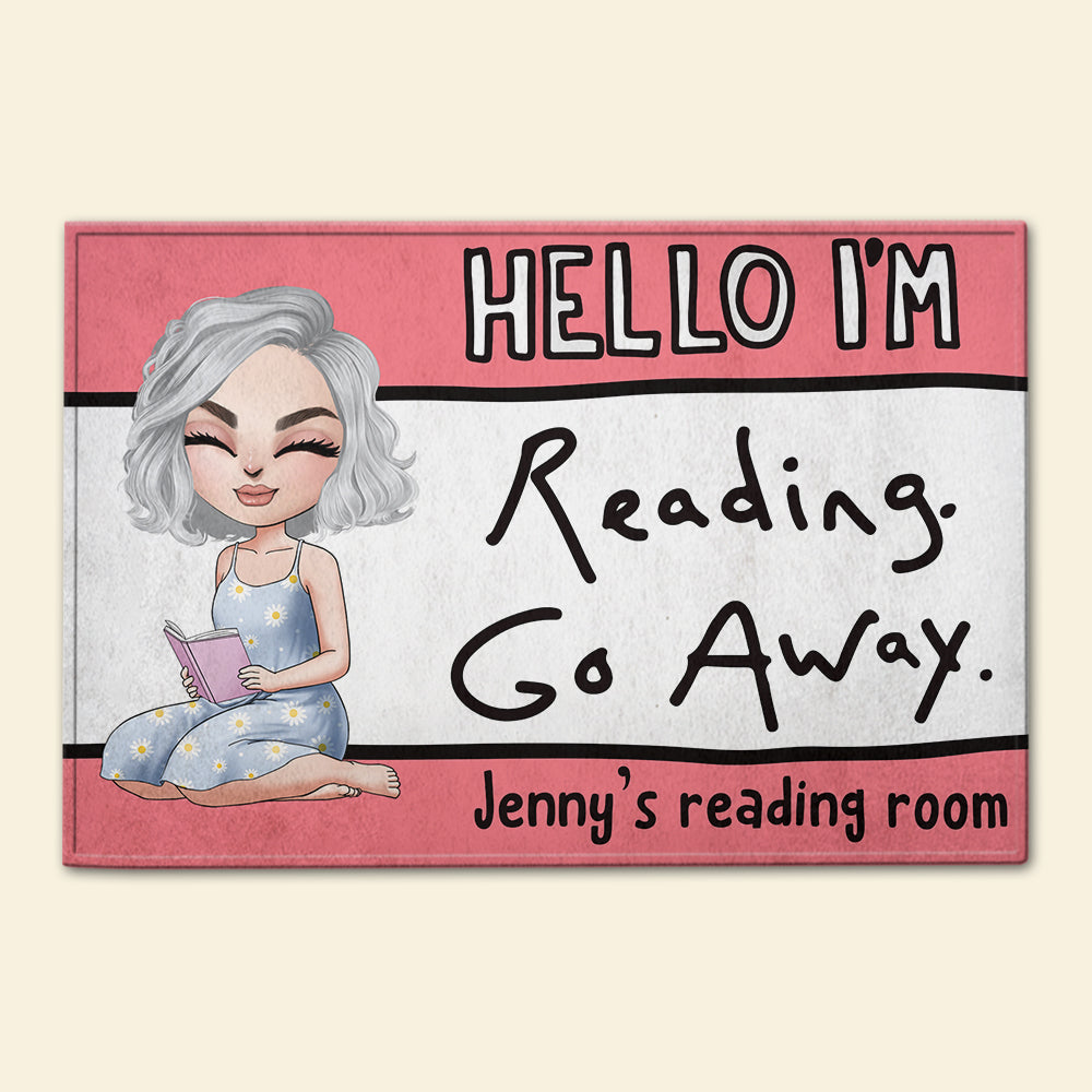 Hello I'm Reading Go Away - Personalized Doormat - Gift For Book Lovers - Girl Sitting Reading Book