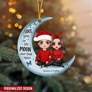 Christmas Doll Couple Sitting Hugging On Moon - Personalized Ornament