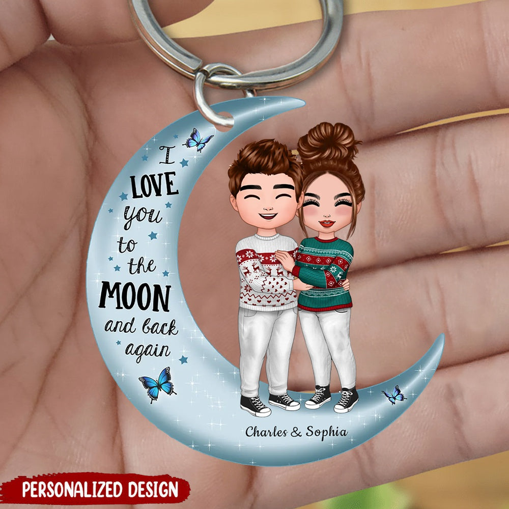 Doll Couple Standing Hugging On Moon Personalized Keychain