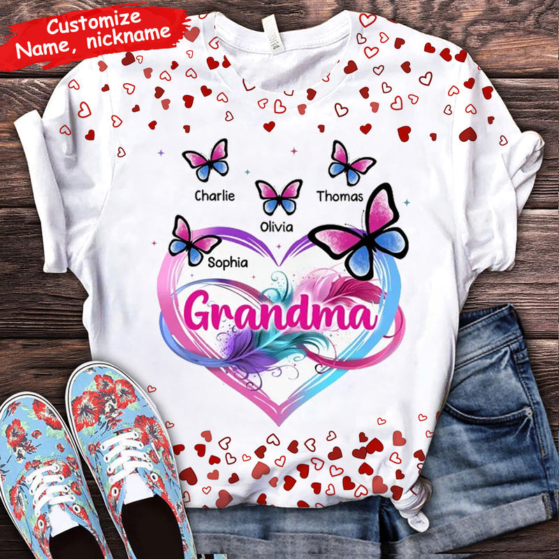 Grandma Mom Pink Blue Heart Infinity Butterflies Personalized Shirt