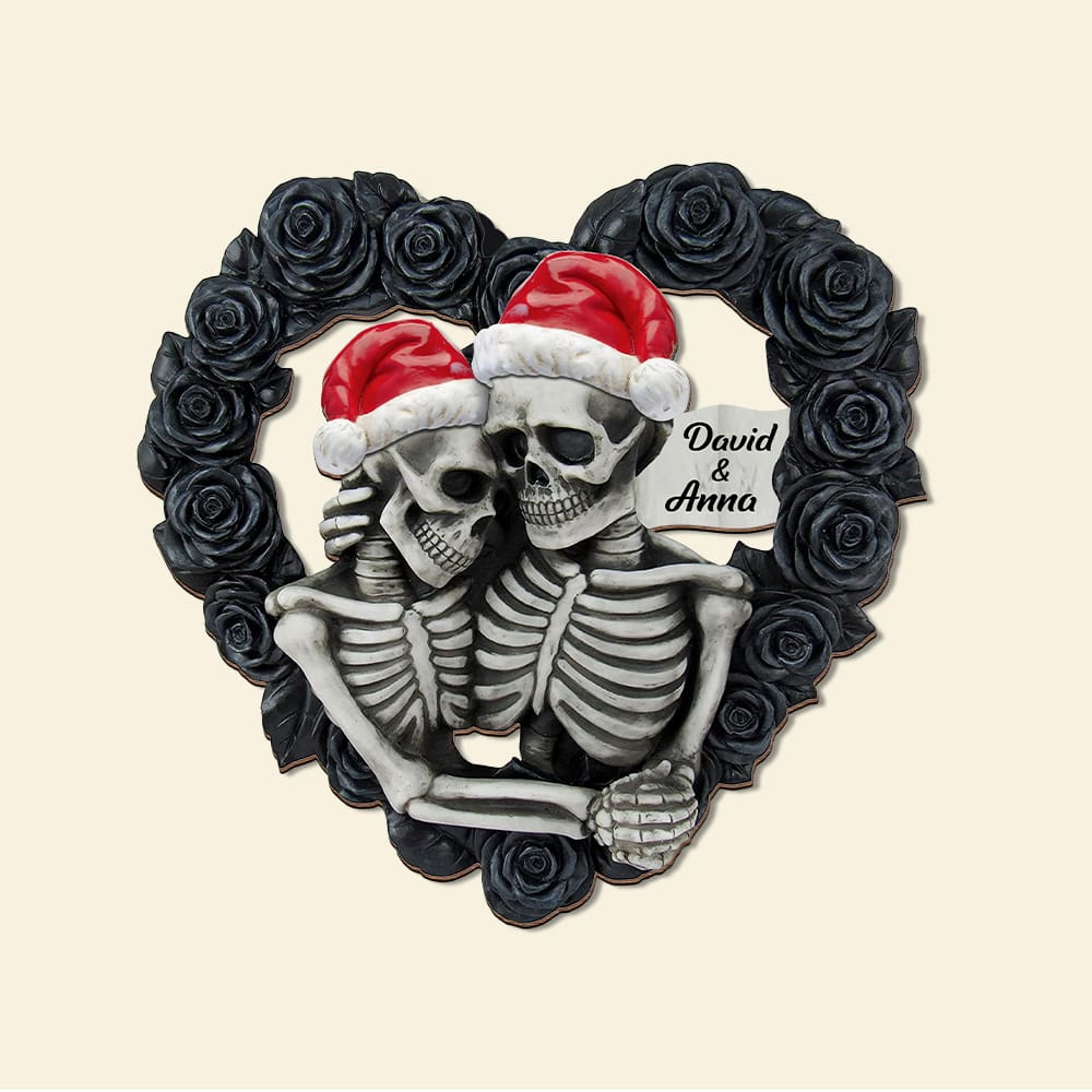 Personalized Skeleton Couple Wood Sign, Black Rose Heart Shape, Christmas Tree Decor