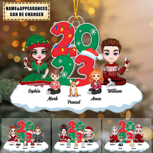 Cute Family Dad Mom Kids Dogs Sitting By 2023 Christmas Personalized Acrylic Ornament