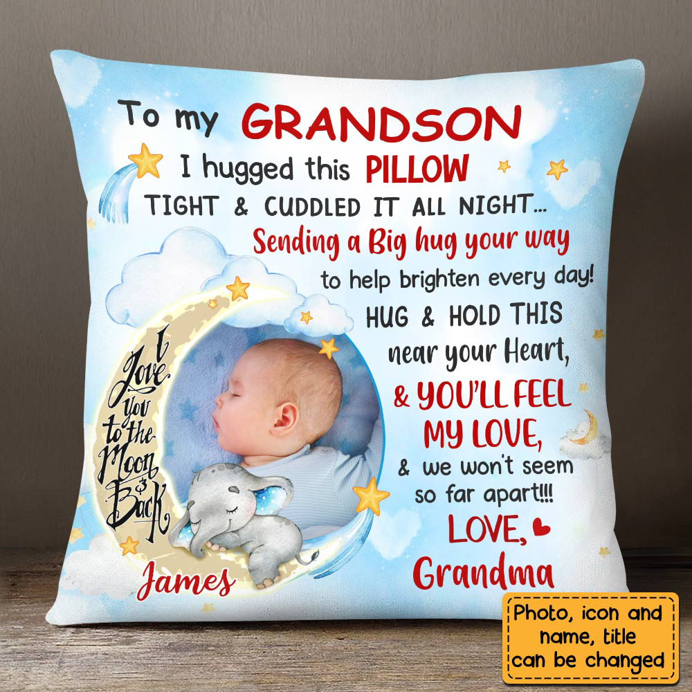 Blue Grandson Love To The Moon And Back Hug This Custom Photo Pillow