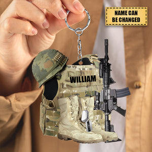 Veteran Boots, Bulletproof Vest, Helmet And Gun - Personalized Flat Acrylic Keychain