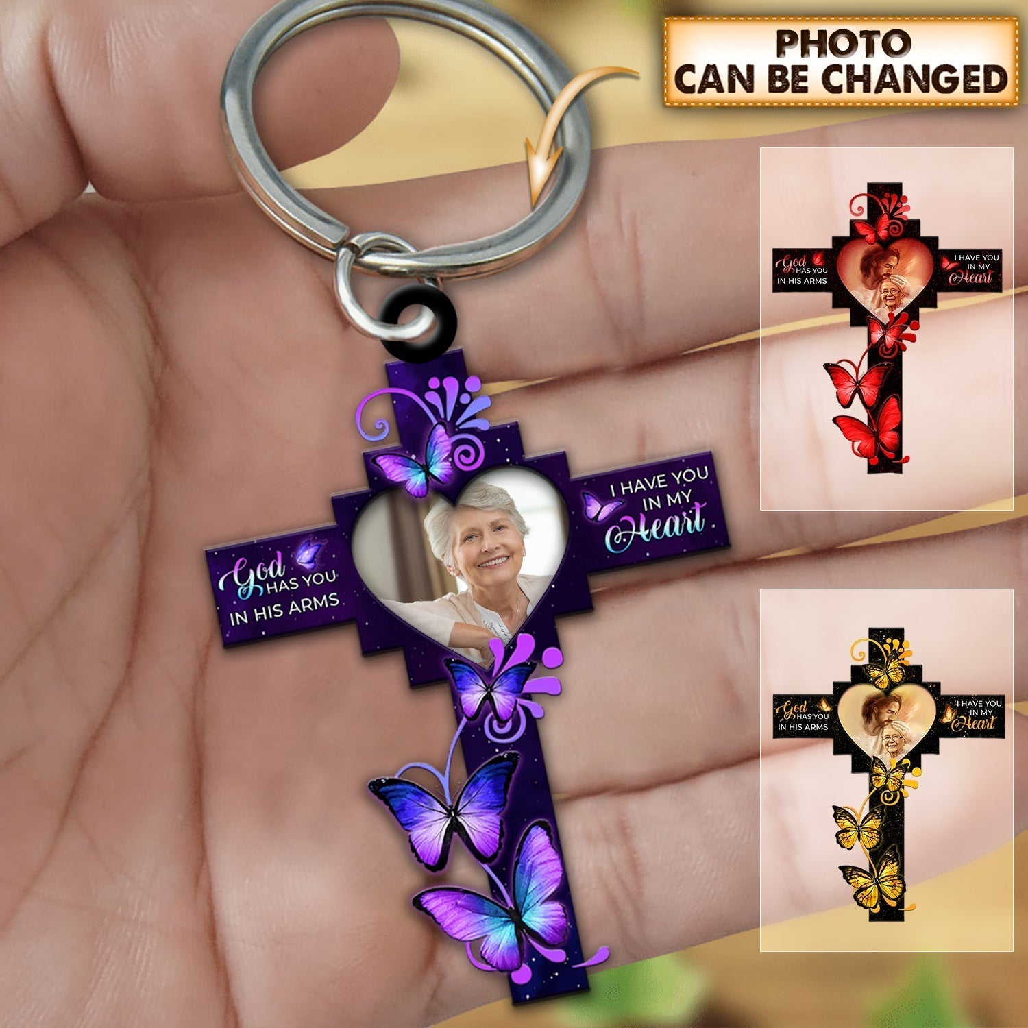 Personalized God has you in his arms Memorial Gift Butterfly Cross Keychain