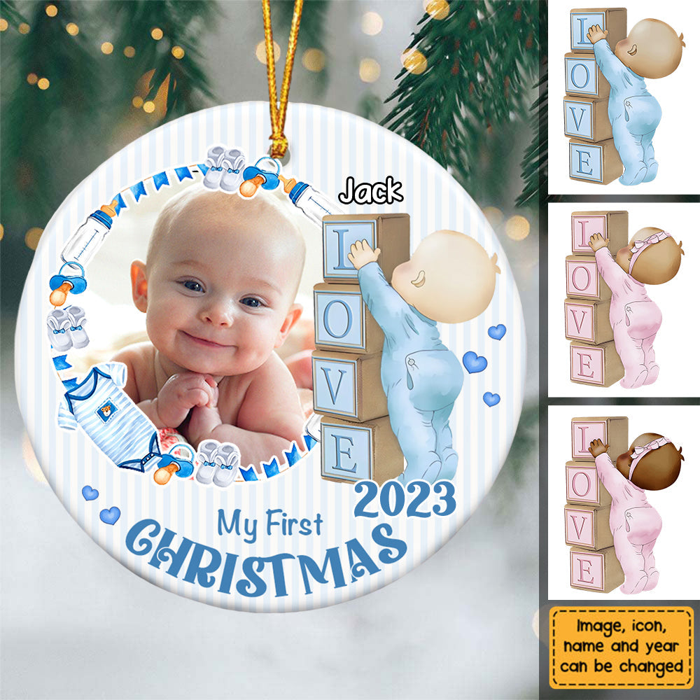 Newborn Gift Baby First Photo Personalized Circle Ornament
