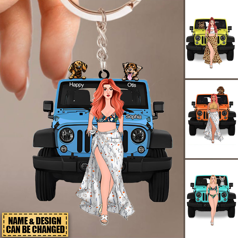 Personalized Off-Road Car Girl And Pet Keychain Gift For Journey Girls