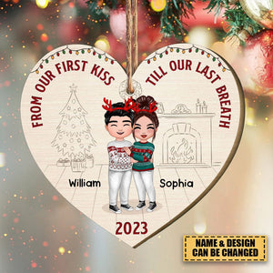 Christmas Doll Couple Standing Hugging -  Personalized Wooden Ornament With Bow