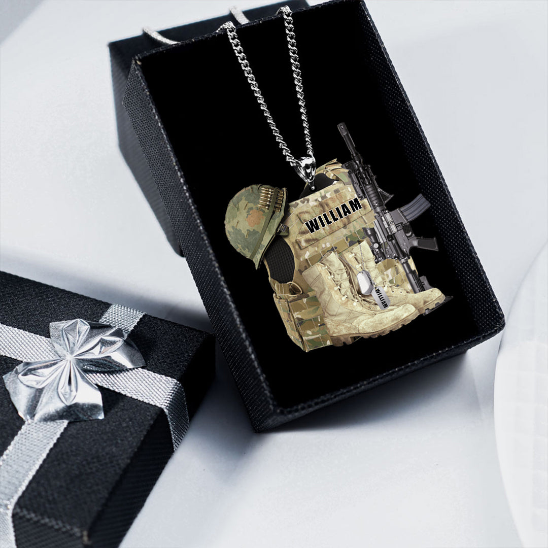 Veteran Boots, Bulletproof Vest, Helmet and Gun -Personalized Stainless Steel Necklace