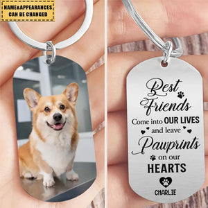 Custom Pet Photo - Memorial Gift Idea For Pet Owner - Best Friends Come Into Our Lives and Leave Pawprints On Our Hearts - Personalized Stainless Steel Keychain