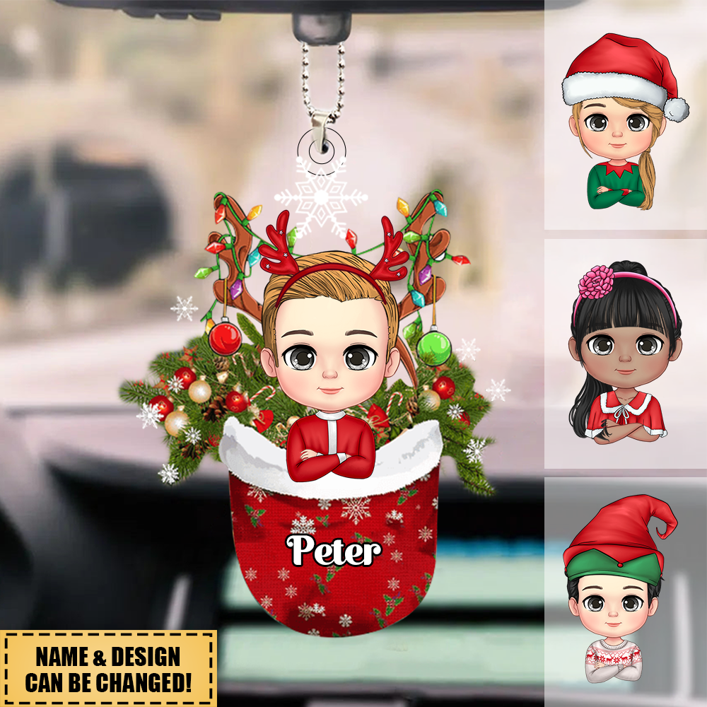 Personalized Kid In Snow Pocket Christmas Car Ornament