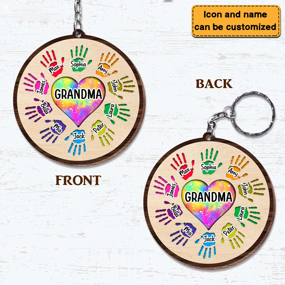 Grandma Heart Colorful Hands Wood Keychain
