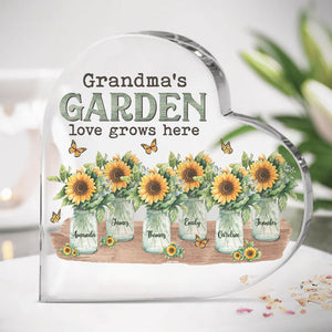Grandma's Garden - Love Grows Here - Family Personalized Custom Heart Shaped Acrylic Plaque - Mother's Day, Birthday Gift For Grandma