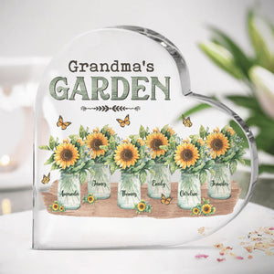 Grandma's Garden - Love Grows Here - Family Personalized Custom Heart Shaped Acrylic Plaque - Mother's Day, Birthday Gift For Grandma