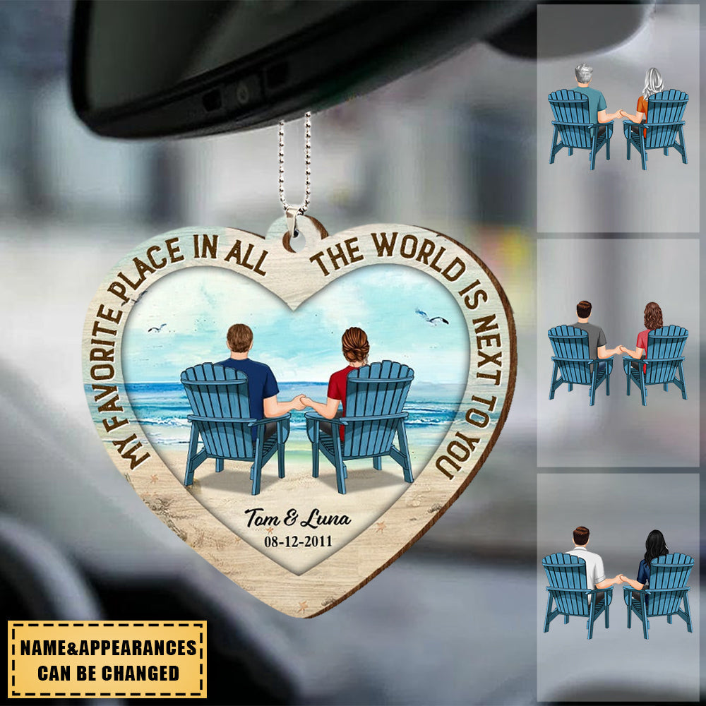 Back View Couple Sitting Beach Landscape Personalized Wooden Ornament