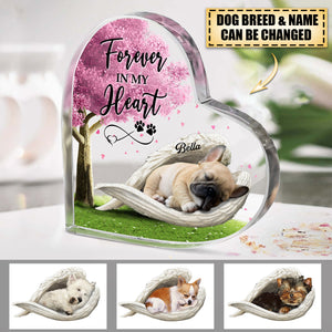 Heart Shaped Acrylic Plaque - Dog Sleeping With Angle Wing