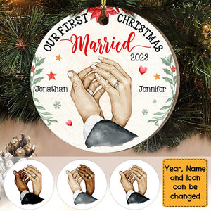 Gift For Couple Holding Hands Our First Christmas Circle Ornament