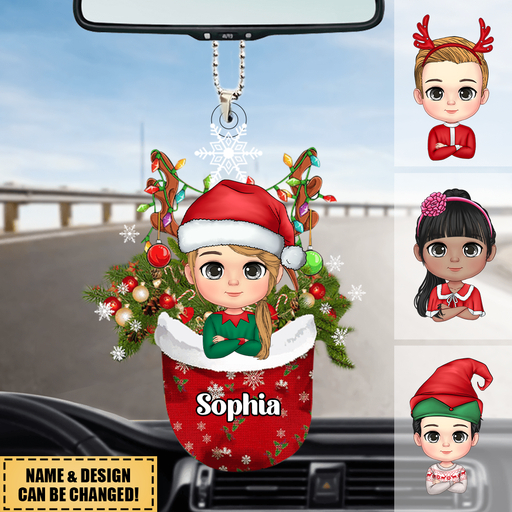 Personalized Kid In Snow Pocket Christmas Car Ornament