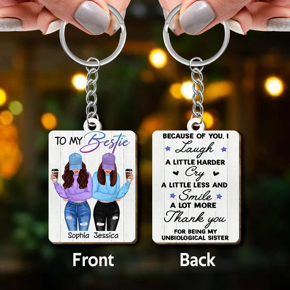 Front View Besties To My Bestie Personalized Wooden Keychain