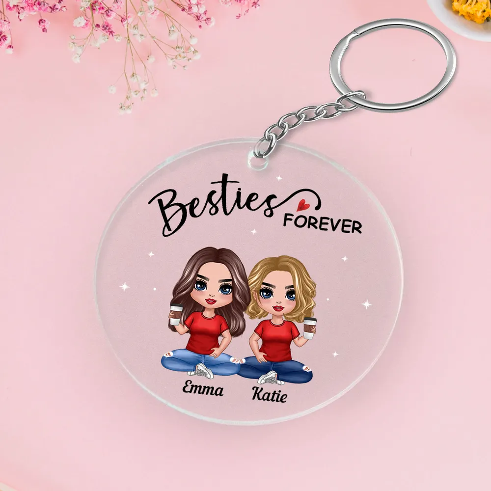 Doll Besties Sitting Always Sisters Besties Forever Personalized Circle Acrylic Keychain