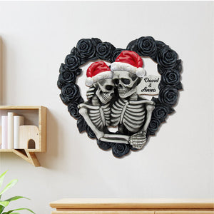 Personalized Skeleton Couple Wood Sign, Black Rose Heart Shape, Christmas Tree Decor