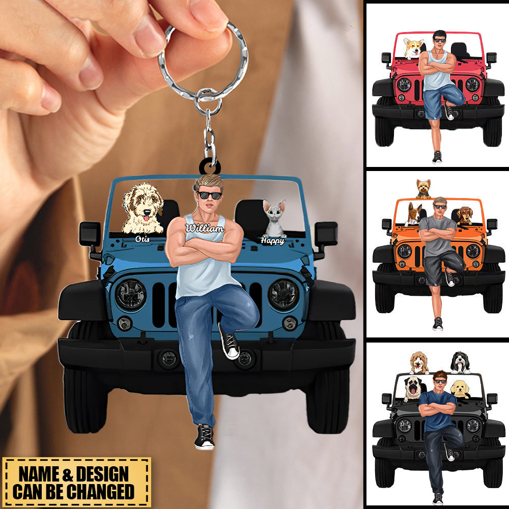 Personalized Off-Road Car Man And Pet Keychain - Gift For Journey Lovers