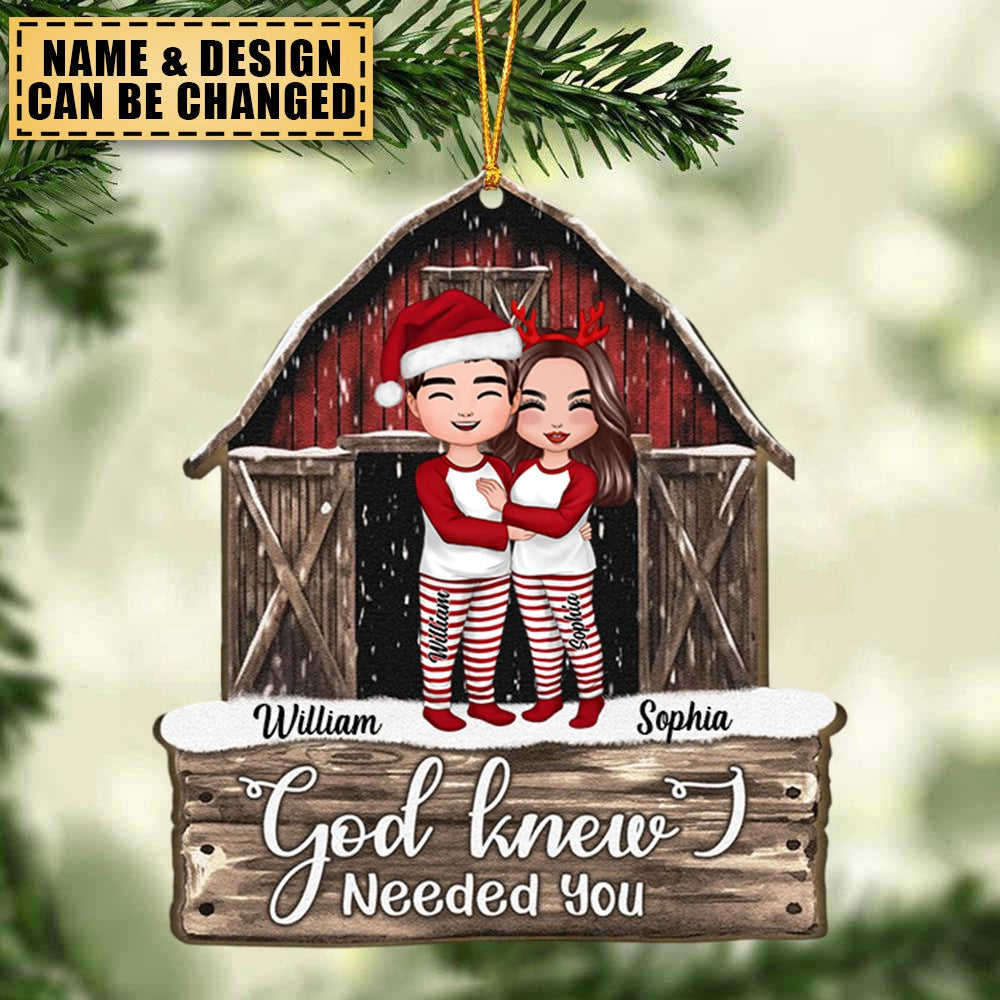 Christmas Doll Couple Standing Hugging In Red Barn - Personalized Ornament