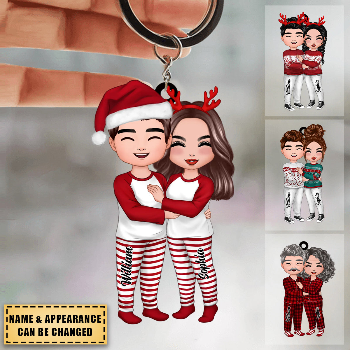 Christmas Doll Couple Standing Hugging - Personalized Keychain