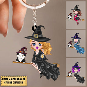 Witch Riding Broom Mystical Girl With Cute Cat Kitten Pet - Personalized Keychain