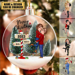 Winter Couple Hugging Kissing In The Snow Personalized Christmas Ball Ornament