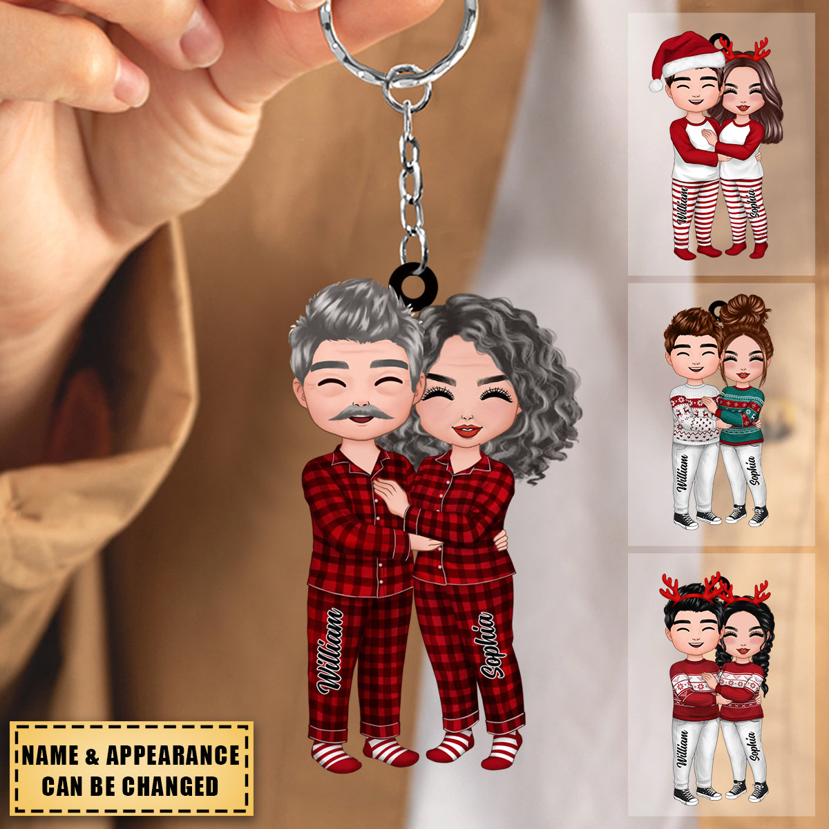 Christmas Doll Couple Standing Hugging - Personalized Keychain