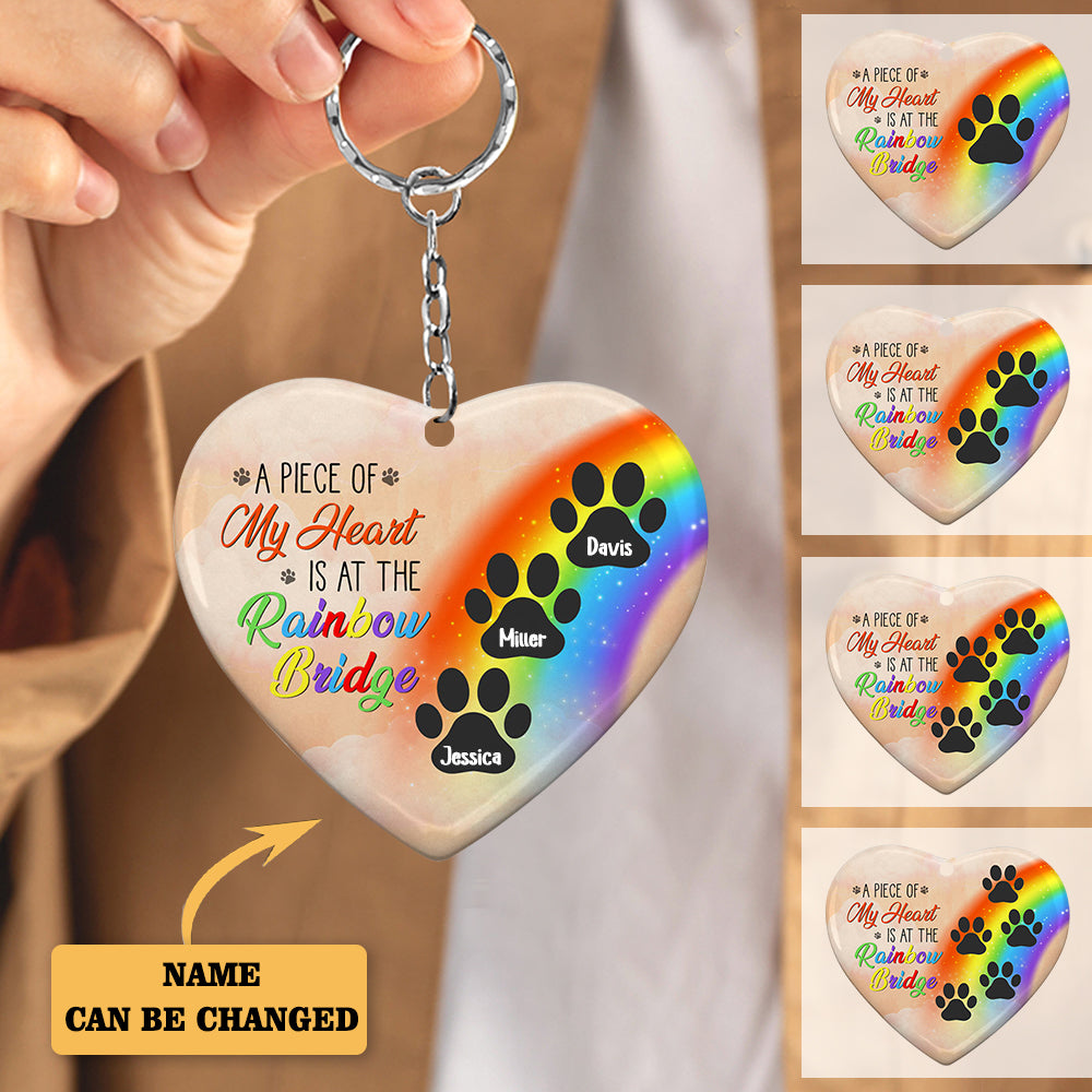 A PIECE OF MY HEART IS AT THE RAINBOW BRIDGE - DOG MEMORIAL GIFT - PERSONALIZED CUSTOM HEART CERAMIC KEYCHAIN