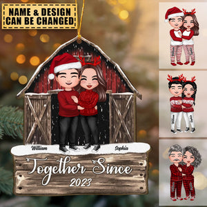 Christmas Doll Couple Standing Hugging In Red Barn - Personalized Ornament
